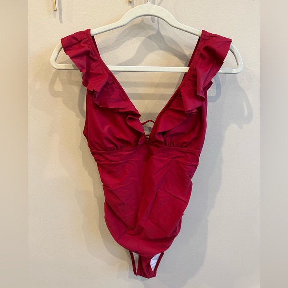 CUPSHE Red Ruffled Lace Up One Piece Swimsuit - Picture 2 of 4